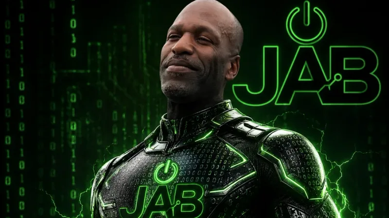 A JAB team member rendered as an AI superhero in a matrix-green tech suit