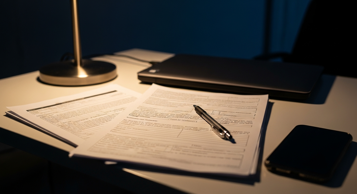 A stack of filled-in paper intake forms and a pen on a desk under a lamp late at night, beside a closed laptop and a face-down phone