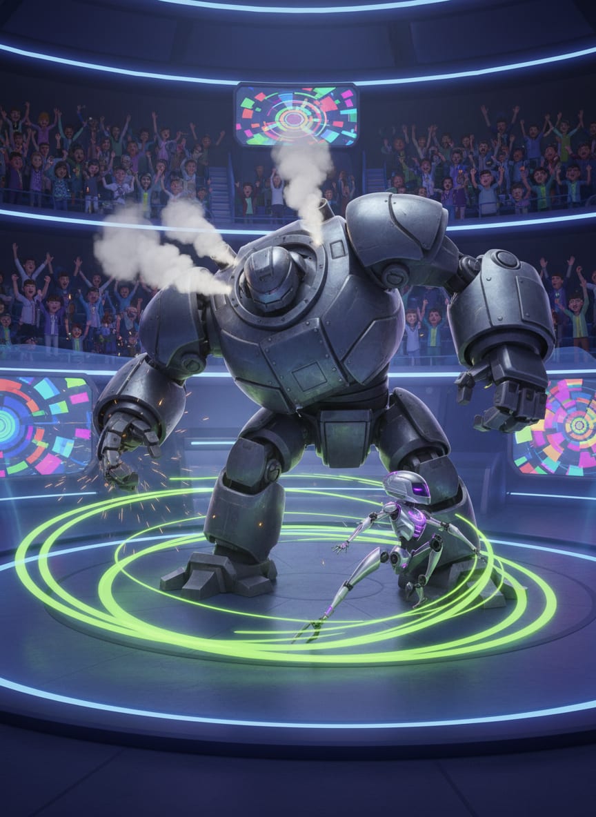 A huge armored battle bot venting steam in the arena while a small fast bot slips past it