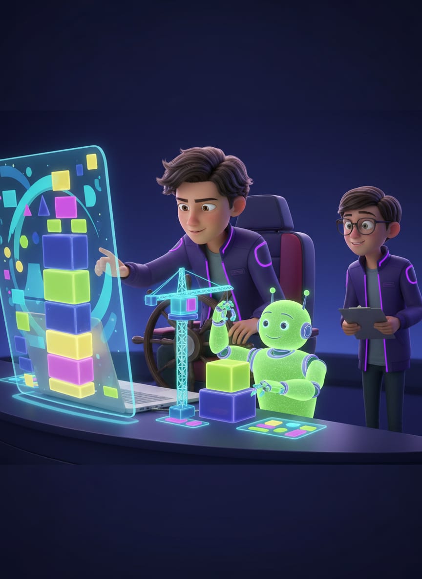 A student at the helm points at a glowing screen while an AI helper stacks blocks and a teammate checks a clipboard