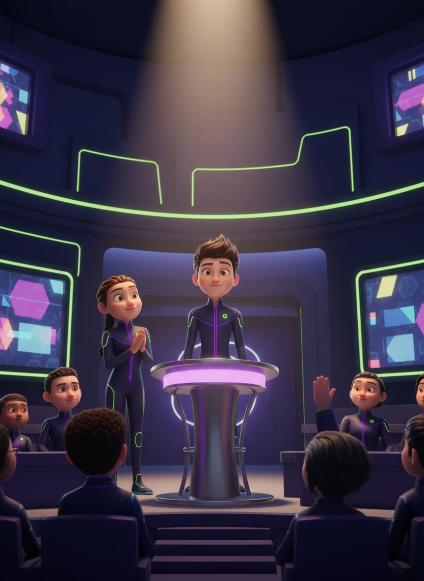 A student answers a question from the audience at a podium while a teammate looks on