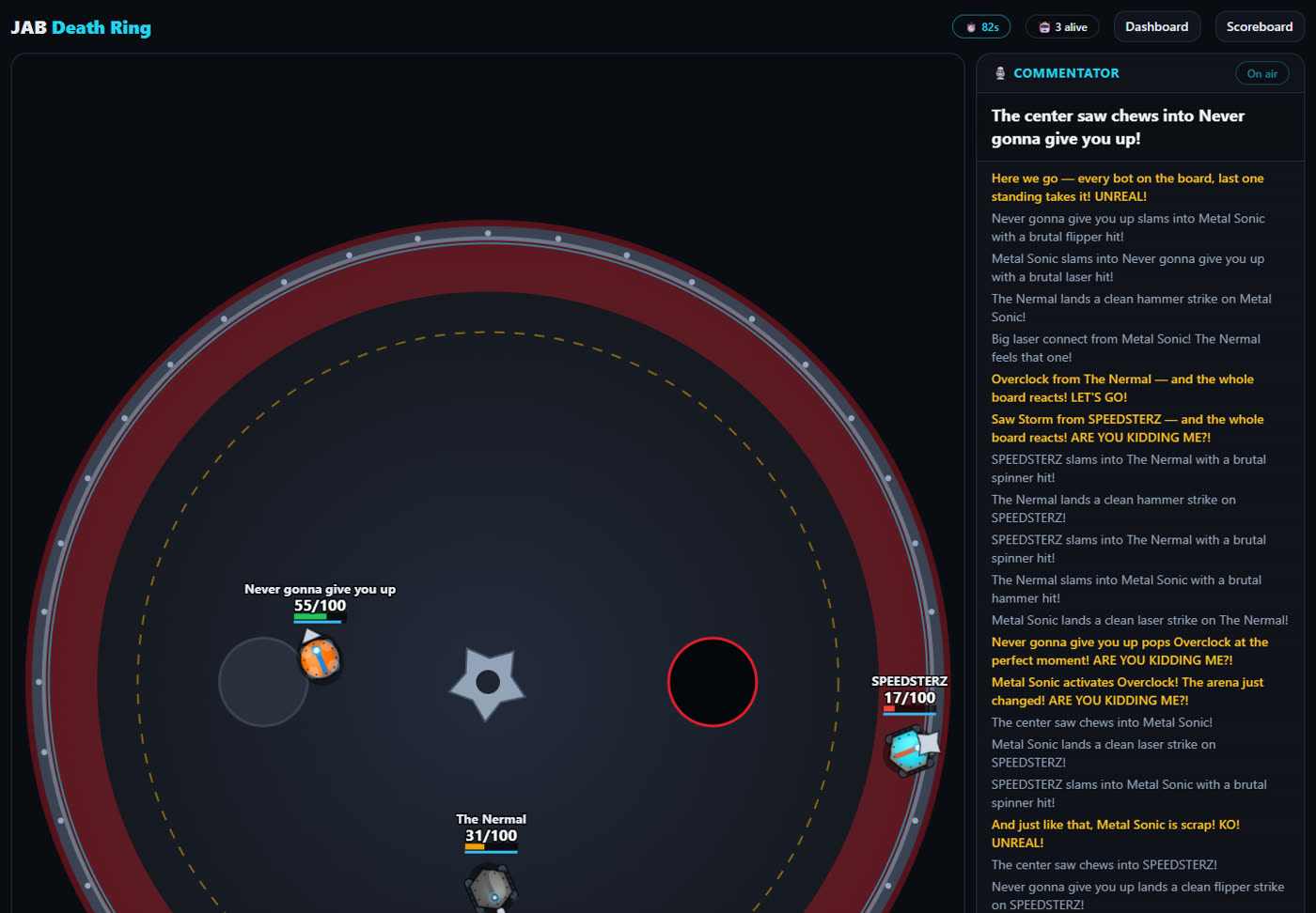 The projected battle arena with student bots, health bars and a live commentary feed