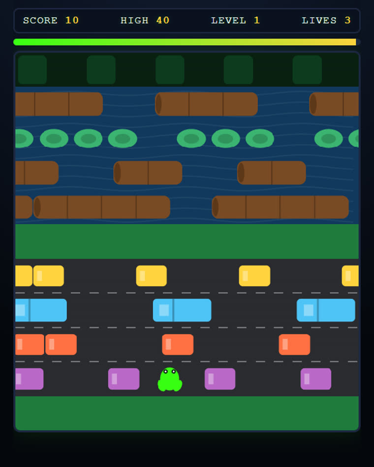A road crossing arcade game a student team built, showing score, level and lives