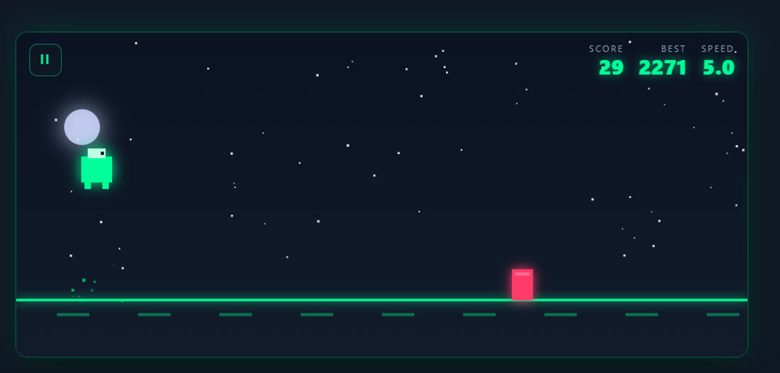 A neon endless runner game a student team built, showing score, best score and speed